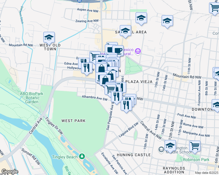 map of restaurants, bars, coffee shops, grocery stores, and more near 2011 Central Avenue Northwest in Albuquerque
