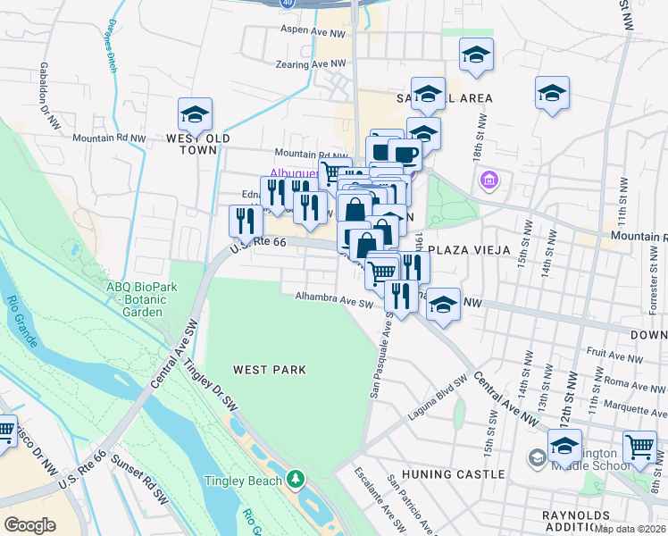map of restaurants, bars, coffee shops, grocery stores, and more near 230 Willis Place Southwest in Albuquerque