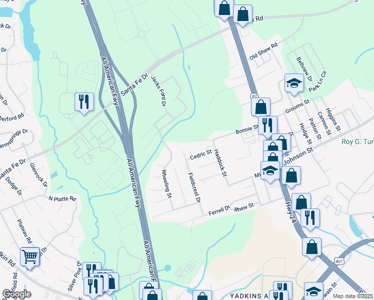 map of restaurants, bars, coffee shops, grocery stores, and more near in Fayetteville