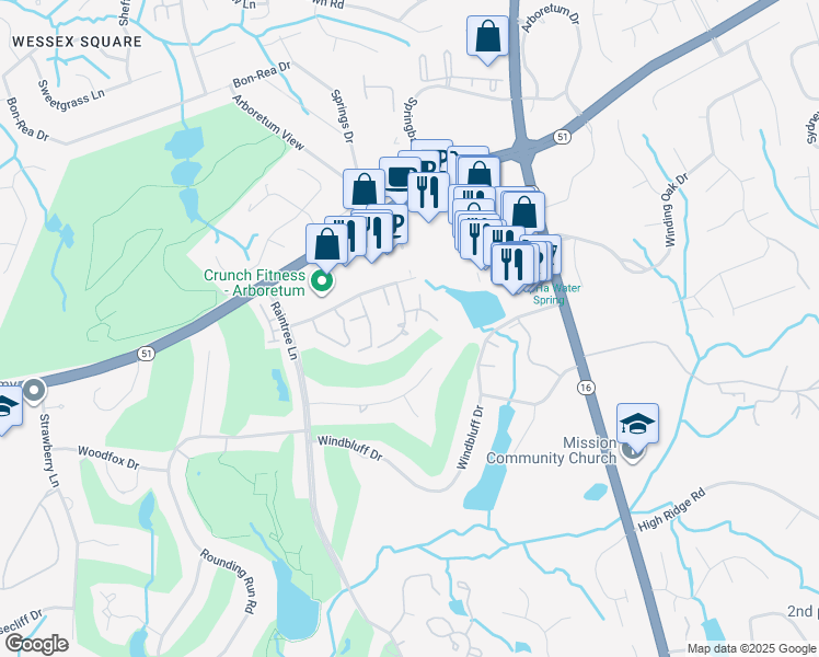 map of restaurants, bars, coffee shops, grocery stores, and more near 8105 Raintree Lane in Charlotte