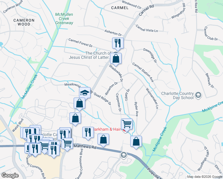 map of restaurants, bars, coffee shops, grocery stores, and more near 5901 Rimerton Drive in Charlotte