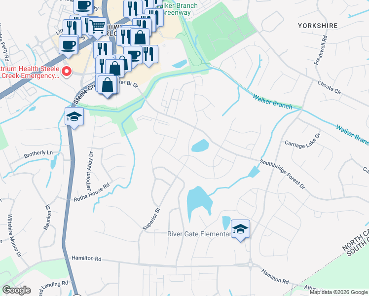 map of restaurants, bars, coffee shops, grocery stores, and more near 14803 Superior Street in Charlotte