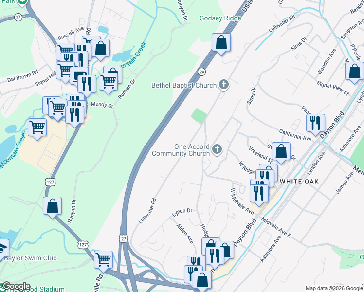 map of restaurants, bars, coffee shops, grocery stores, and more near 522 Lullwater Road in Chattanooga