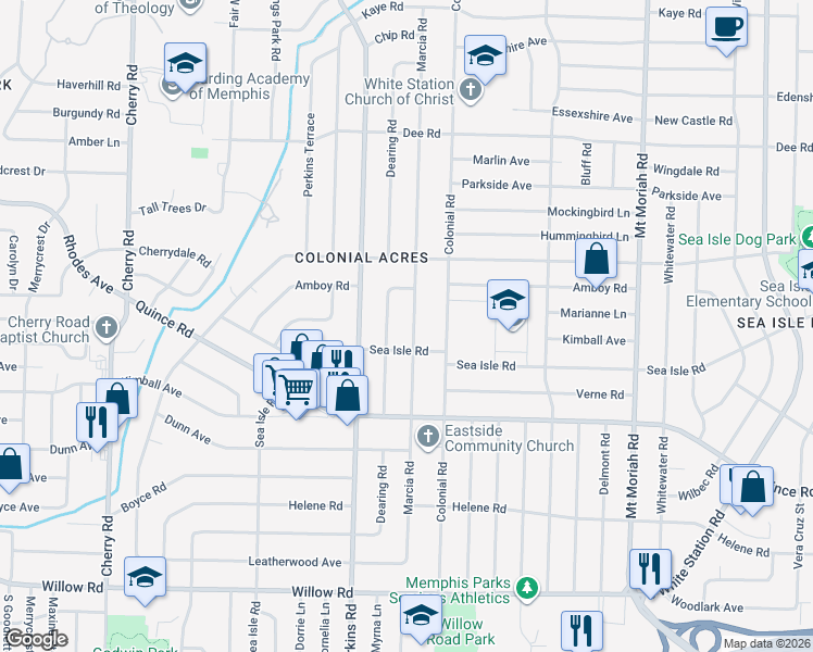 map of restaurants, bars, coffee shops, grocery stores, and more near 1378 Dearing Road in Memphis