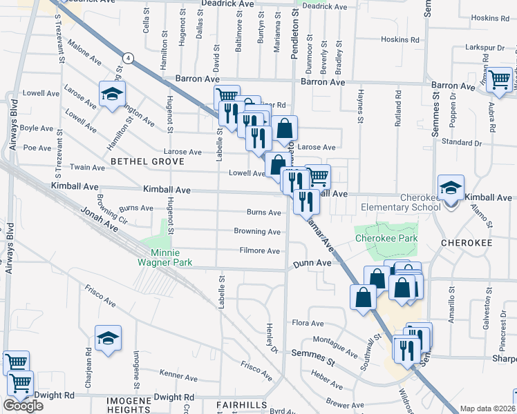 map of restaurants, bars, coffee shops, grocery stores, and more near 2734 Burns Avenue in Memphis