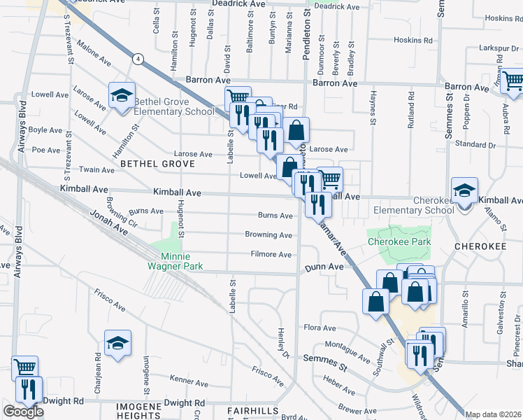 map of restaurants, bars, coffee shops, grocery stores, and more near 2697 Burns Avenue in Memphis