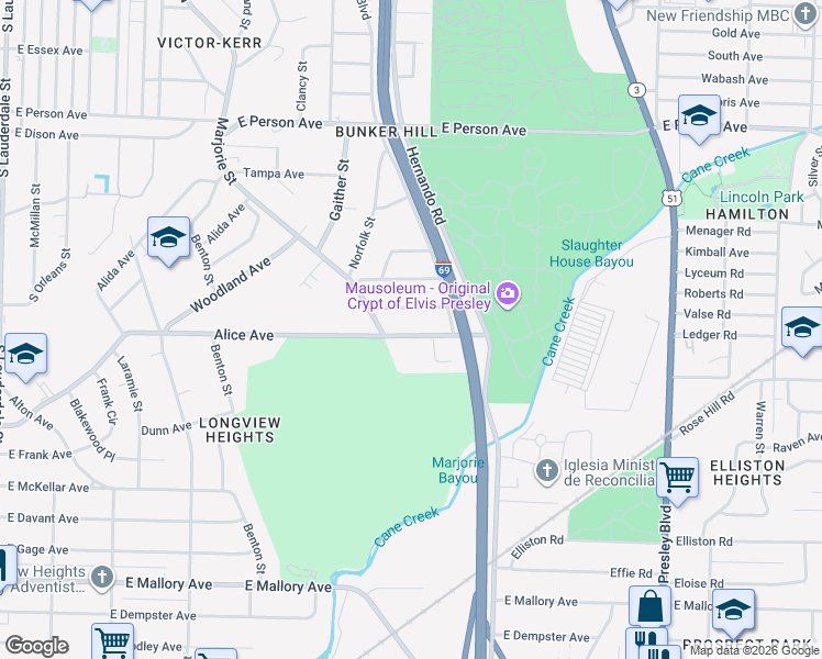 map of restaurants, bars, coffee shops, grocery stores, and more near 1031 Alice Avenue in Memphis