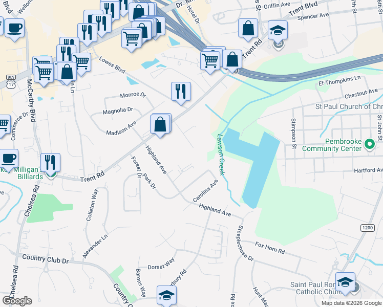 map of restaurants, bars, coffee shops, grocery stores, and more near 710 Carolina Avenue in Trent Woods