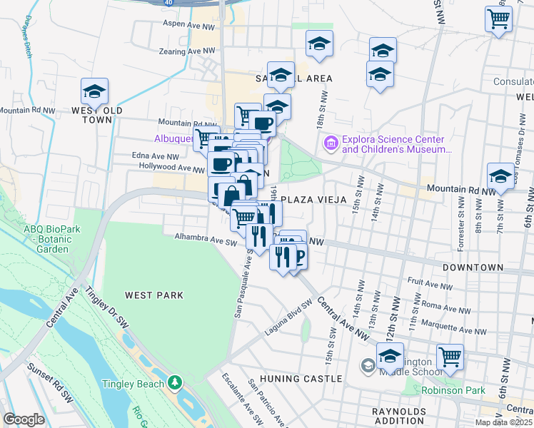 map of restaurants, bars, coffee shops, grocery stores, and more near 209 19th Street Northwest in Albuquerque