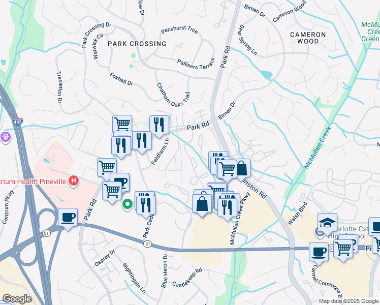 map of restaurants, bars, coffee shops, grocery stores, and more near 10019 Plum Creek Lane in Charlotte