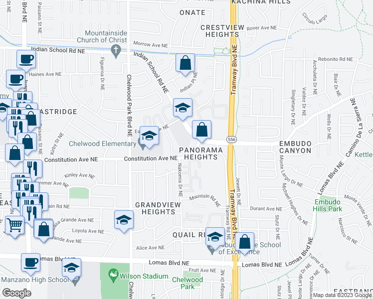 map of restaurants, bars, coffee shops, grocery stores, and more near 13101 Constitution Avenue Northeast in Albuquerque
