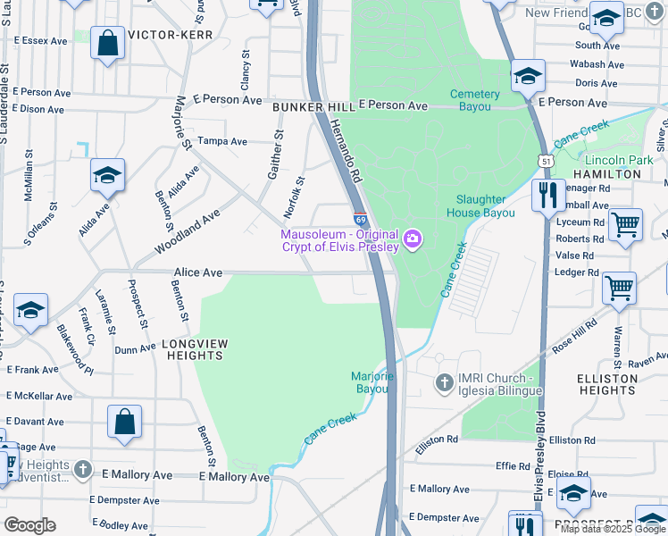 map of restaurants, bars, coffee shops, grocery stores, and more near 1031 Alice Avenue in Memphis