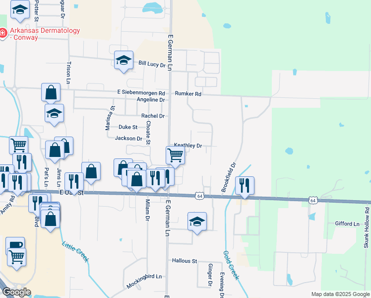 map of restaurants, bars, coffee shops, grocery stores, and more near 5519 Keathley Drive in Conway