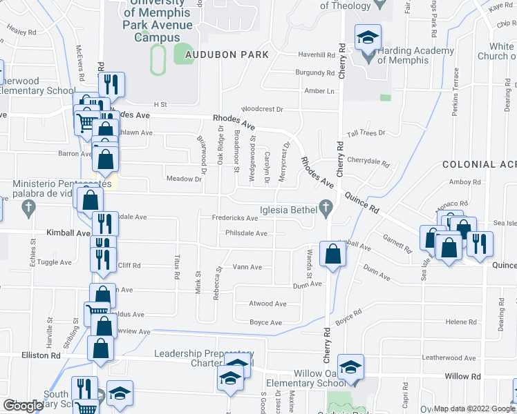 map of restaurants, bars, coffee shops, grocery stores, and more near 4229 Fizer Avenue in Memphis