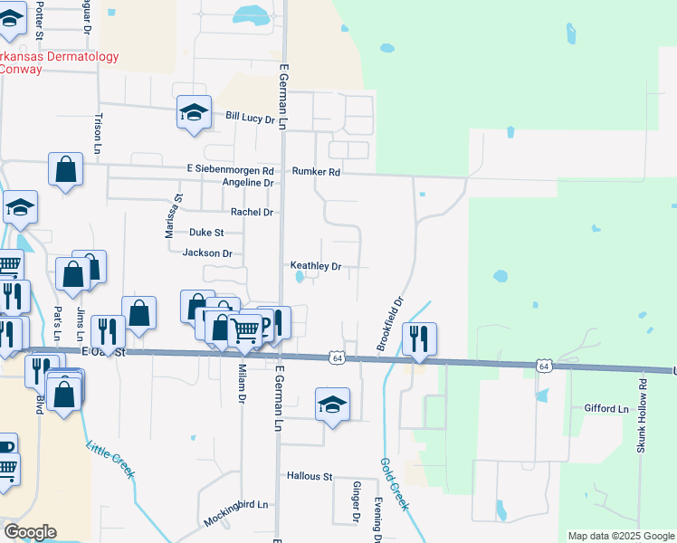 map of restaurants, bars, coffee shops, grocery stores, and more near 2061 Keathley Drive in Conway