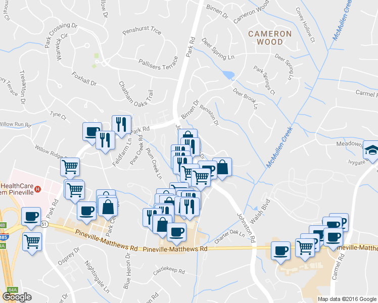 map of restaurants, bars, coffee shops, grocery stores, and more near Johnston Rd & Oakbrook Dr in Pineville