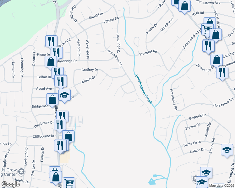 map of restaurants, bars, coffee shops, grocery stores, and more near 535 Killeen Road in Fayetteville