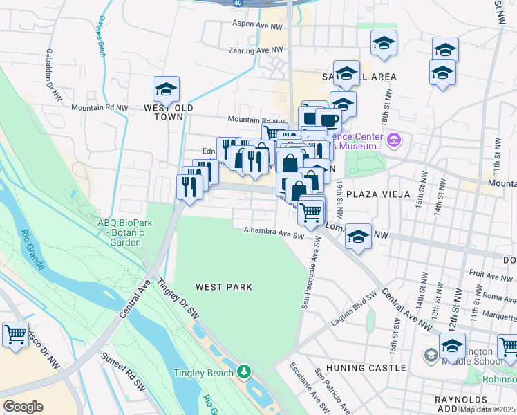 map of restaurants, bars, coffee shops, grocery stores, and more near 2110 New York Avenue Southwest in Albuquerque