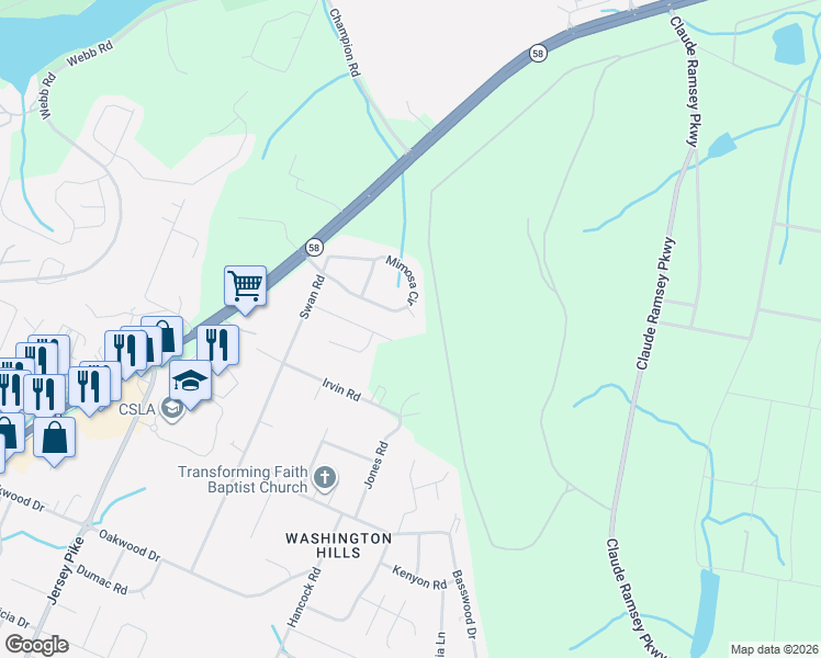 map of restaurants, bars, coffee shops, grocery stores, and more near 5048 Spann Court in Chattanooga