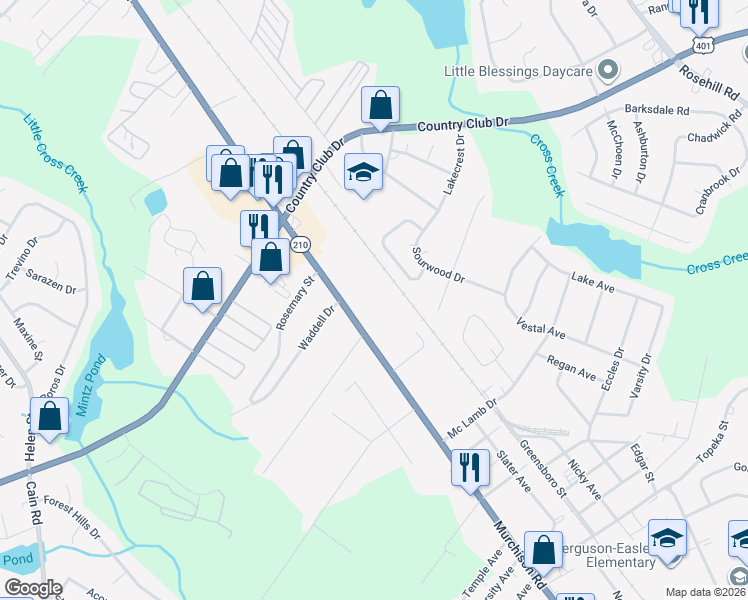 map of restaurants, bars, coffee shops, grocery stores, and more near 2910 Murchison Road in Fayetteville