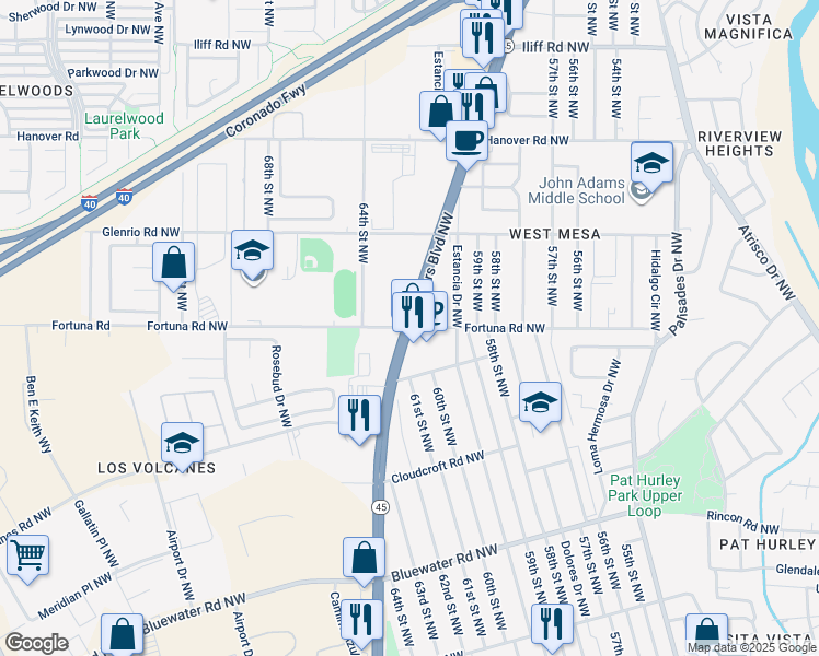 map of restaurants, bars, coffee shops, grocery stores, and more near Coors Blvd NW & Fortuna Rd NW in Albuquerque