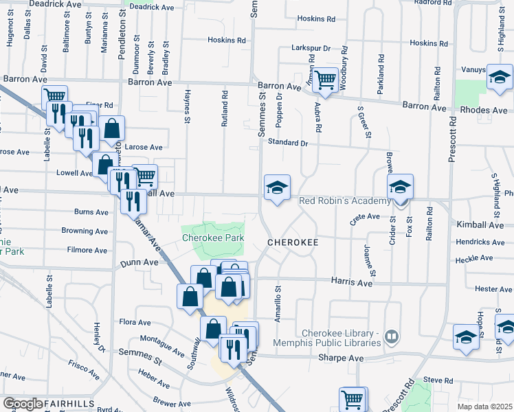 map of restaurants, bars, coffee shops, grocery stores, and more near 1369 Semmes Street in Memphis