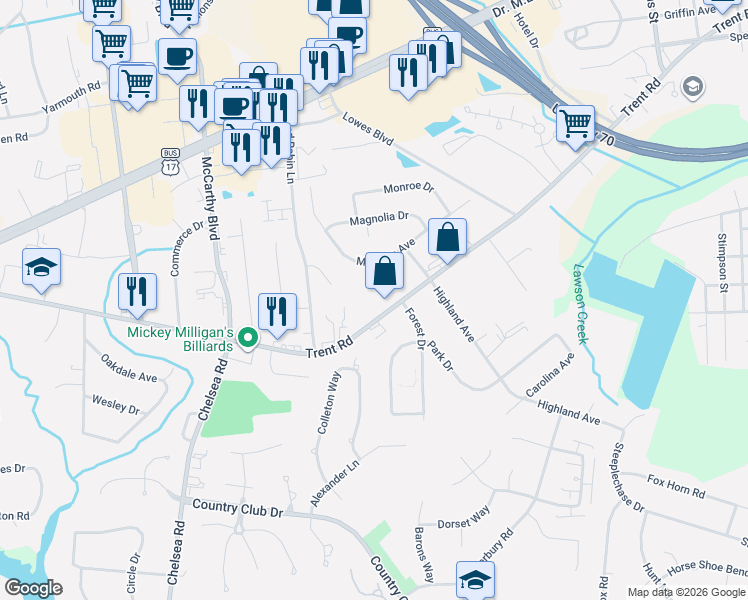 map of restaurants, bars, coffee shops, grocery stores, and more near 3200 Trent Rd in New Bern