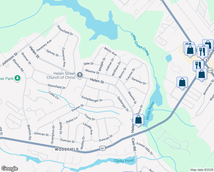 map of restaurants, bars, coffee shops, grocery stores, and more near 1904 Middlecoff Drive in Fayetteville