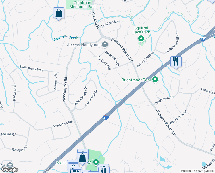 map of restaurants, bars, coffee shops, grocery stores, and more near 1908 Thornblade Ridge Drive in Matthews