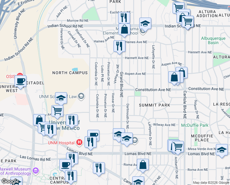 map of restaurants, bars, coffee shops, grocery stores, and more near 1130 Vassar Drive Northeast in Albuquerque
