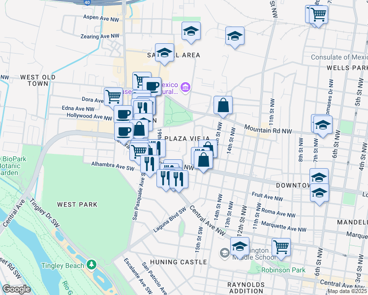 map of restaurants, bars, coffee shops, grocery stores, and more near 612 18th Street Northwest in Albuquerque