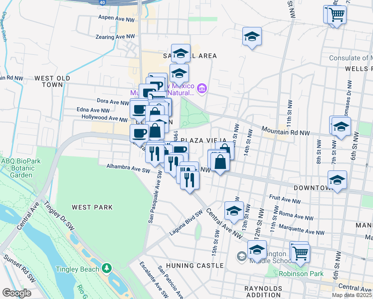 map of restaurants, bars, coffee shops, grocery stores, and more near 1804 Slate Avenue Northwest in Albuquerque