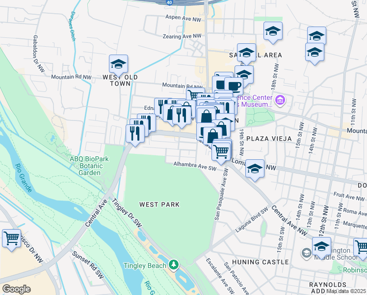 map of restaurants, bars, coffee shops, grocery stores, and more near 2110 New York Avenue Southwest in Albuquerque