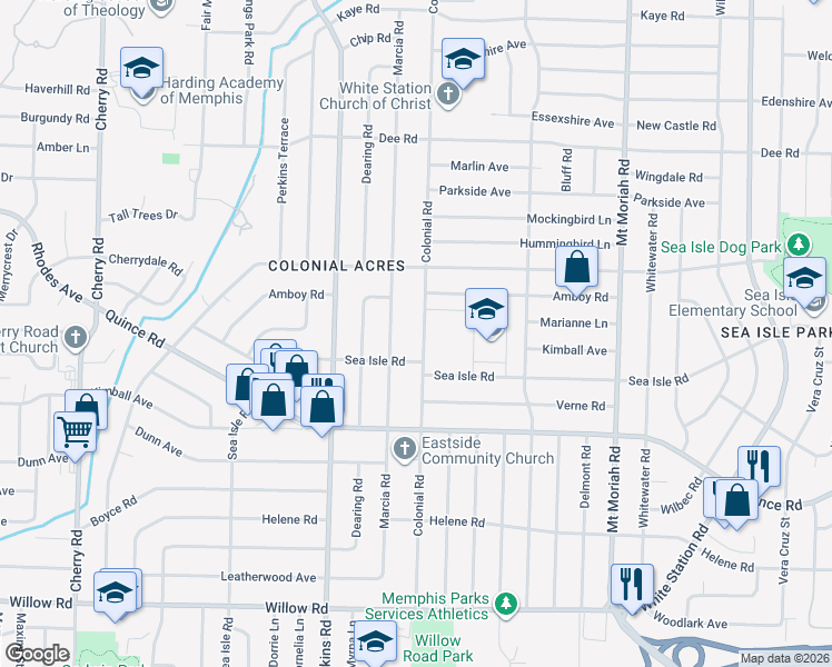 map of restaurants, bars, coffee shops, grocery stores, and more near 1377 Colonial Road in Memphis