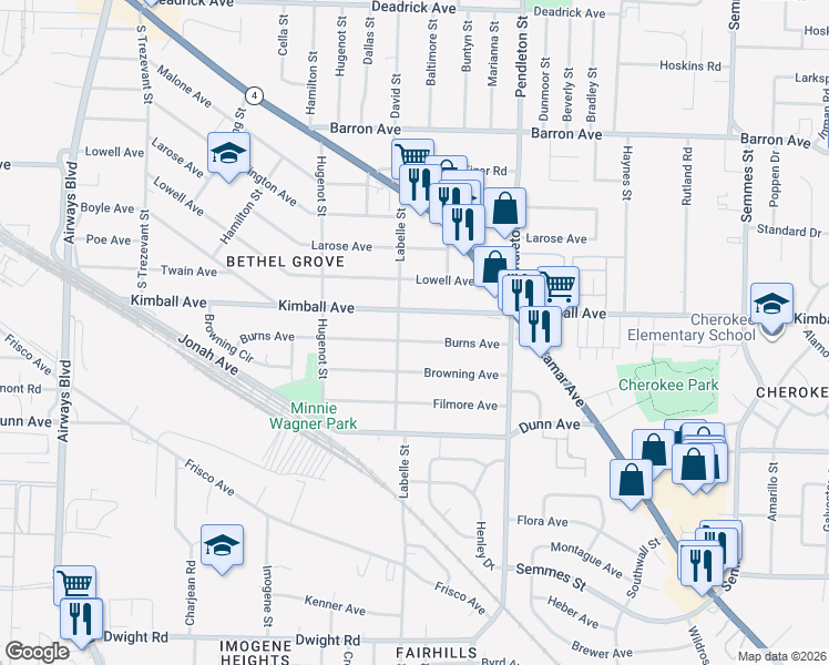 map of restaurants, bars, coffee shops, grocery stores, and more near 2653 Burns Avenue in Memphis