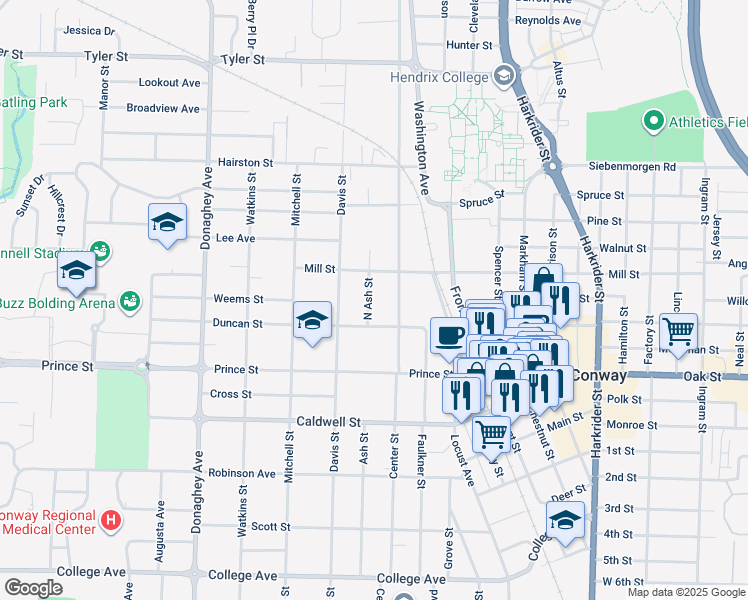 map of restaurants, bars, coffee shops, grocery stores, and more near 1112 North Ash Street in Conway
