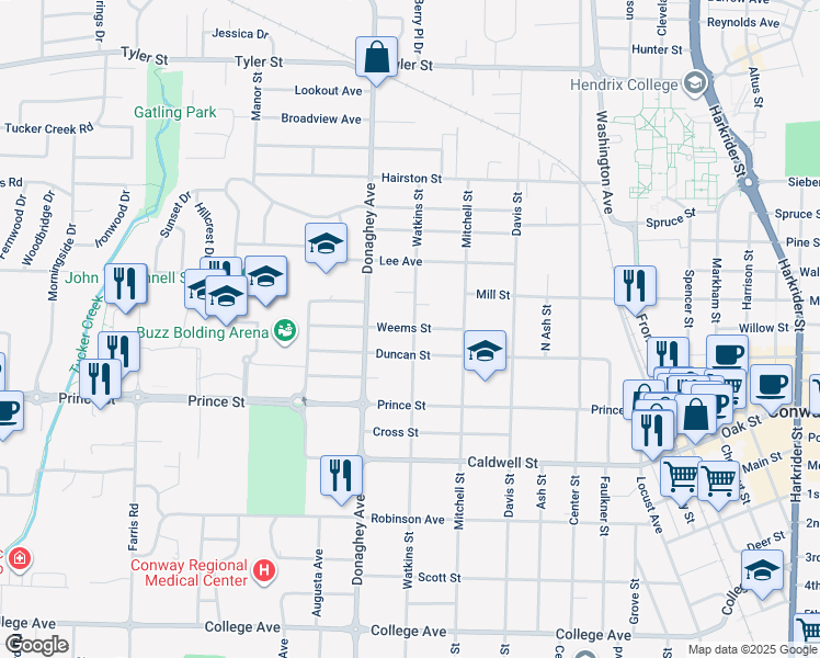 map of restaurants, bars, coffee shops, grocery stores, and more near 2016 Duncan Street in Conway