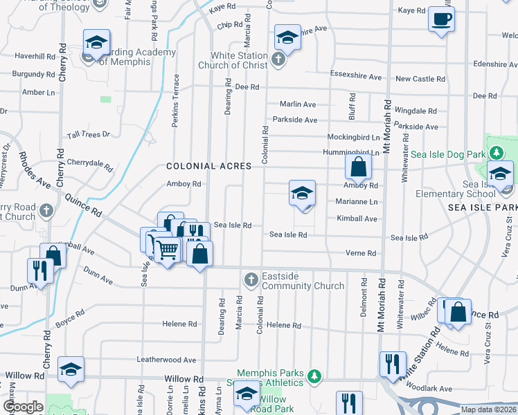 map of restaurants, bars, coffee shops, grocery stores, and more near 1377 Colonial Road in Memphis