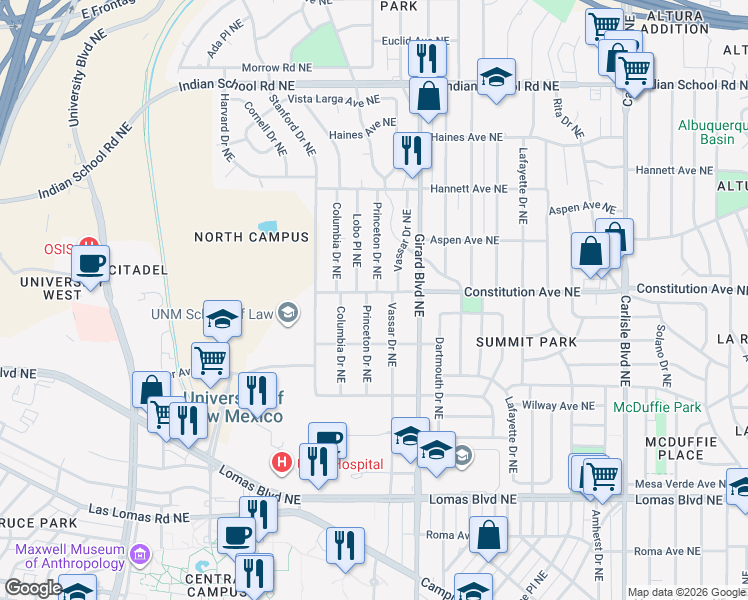 map of restaurants, bars, coffee shops, grocery stores, and more near 1129 Princeton Drive Northeast in Albuquerque