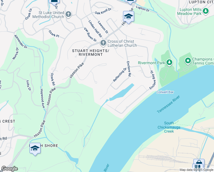 map of restaurants, bars, coffee shops, grocery stores, and more near 3439 Reflecting Drive in Chattanooga