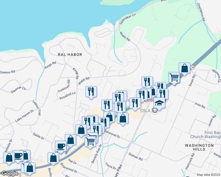 map of restaurants, bars, coffee shops, grocery stores, and more near 4063 Teakwood Drive in Chattanooga