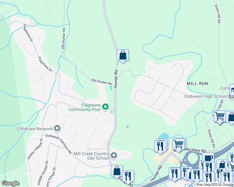 map of restaurants, bars, coffee shops, grocery stores, and more near 5438 Hunter Road in Ooltewah