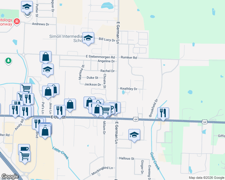 map of restaurants, bars, coffee shops, grocery stores, and more near 1235 East German Lane in Conway