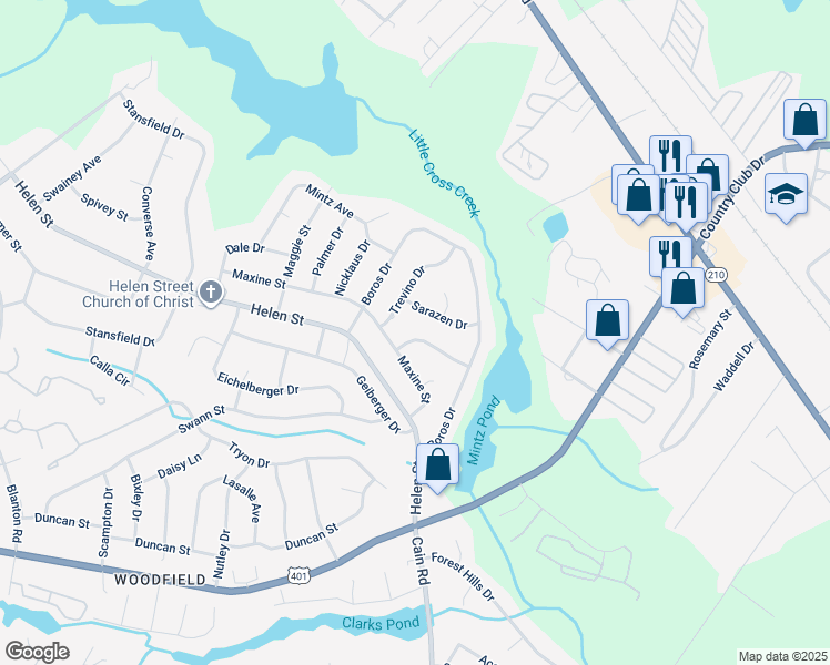 map of restaurants, bars, coffee shops, grocery stores, and more near 1628 Barber Avenue in Fayetteville