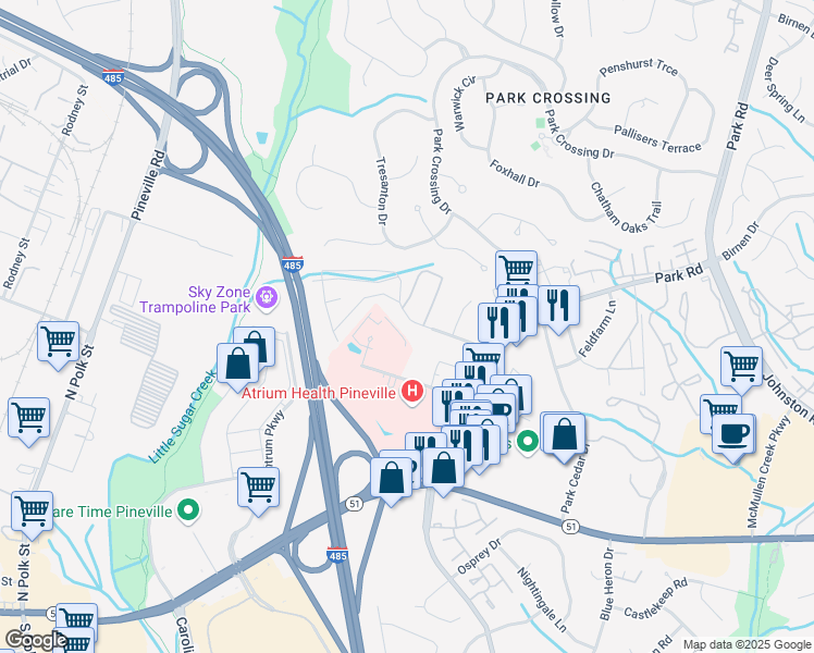 map of restaurants, bars, coffee shops, grocery stores, and more near 9200 Willow Ridge Road in Charlotte