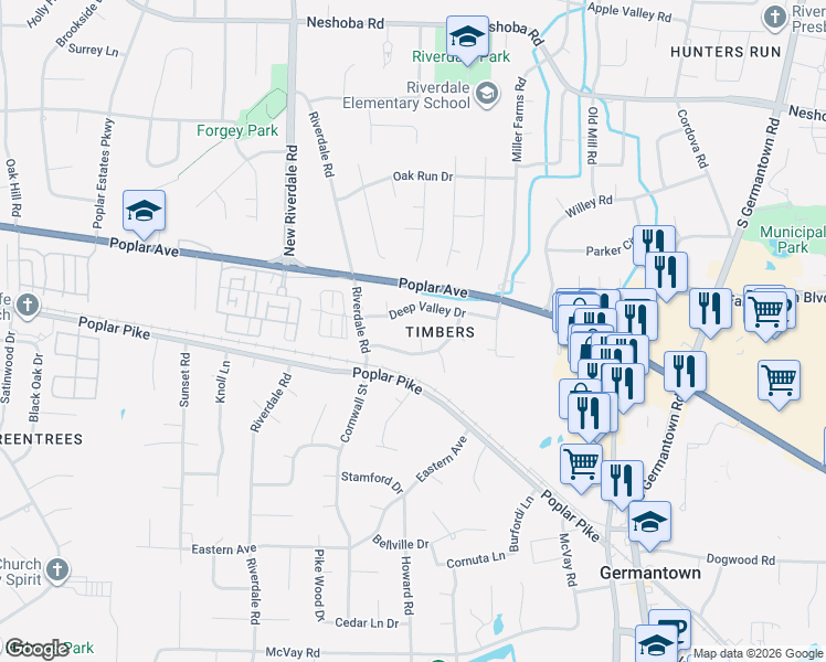 map of restaurants, bars, coffee shops, grocery stores, and more near 7291 Deep Valley Drive in Germantown
