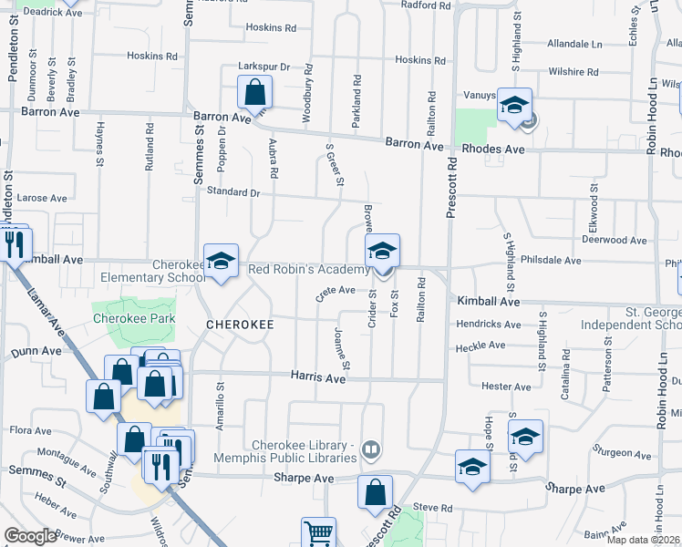 map of restaurants, bars, coffee shops, grocery stores, and more near 3222 Crete Avenue in Memphis