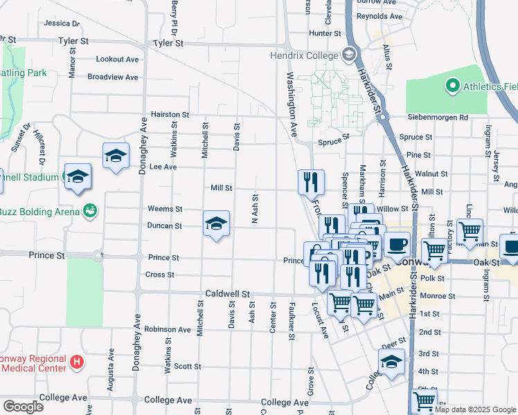 map of restaurants, bars, coffee shops, grocery stores, and more near 1112 North Ash Street in Conway