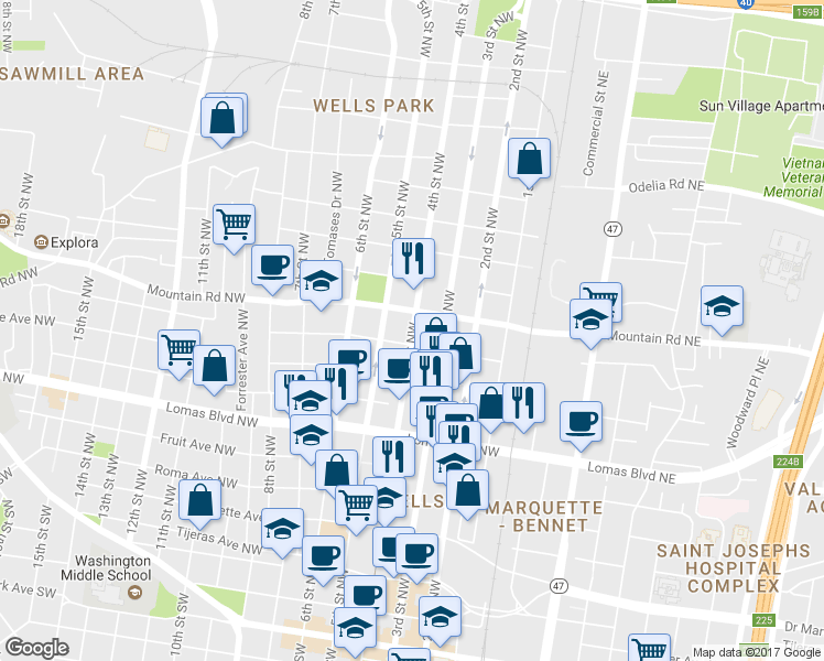 map of restaurants, bars, coffee shops, grocery stores, and more near 1015 4th St NW in Albuquerque