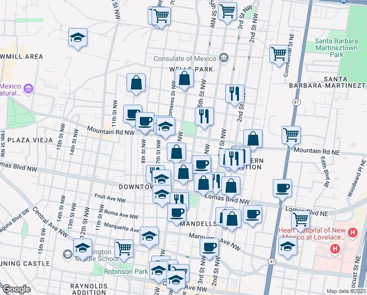 map of restaurants, bars, coffee shops, grocery stores, and more near 512 Granite Avenue Northwest in Albuquerque